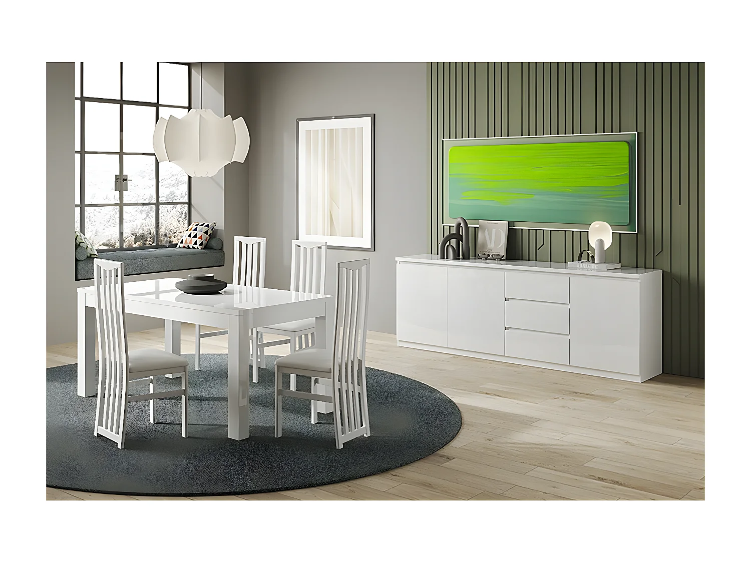 DEYTON - Ensemble Séjour Laqué Blanc Table 138cm + Buffet 3 Portes