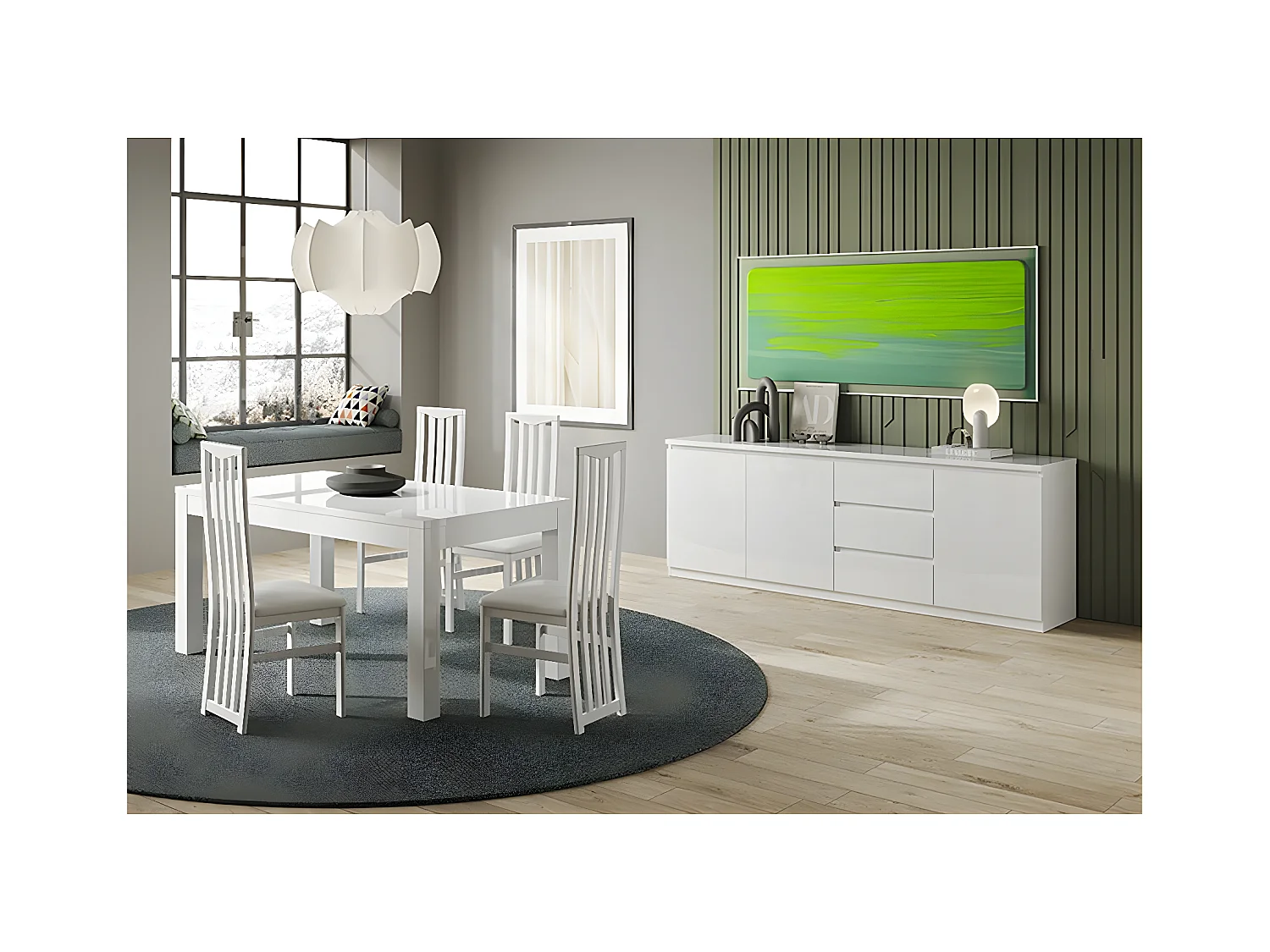 DEYTON - Ensemble Séjour Laqué Blanc Table 138cm + Buffet 3 Portes