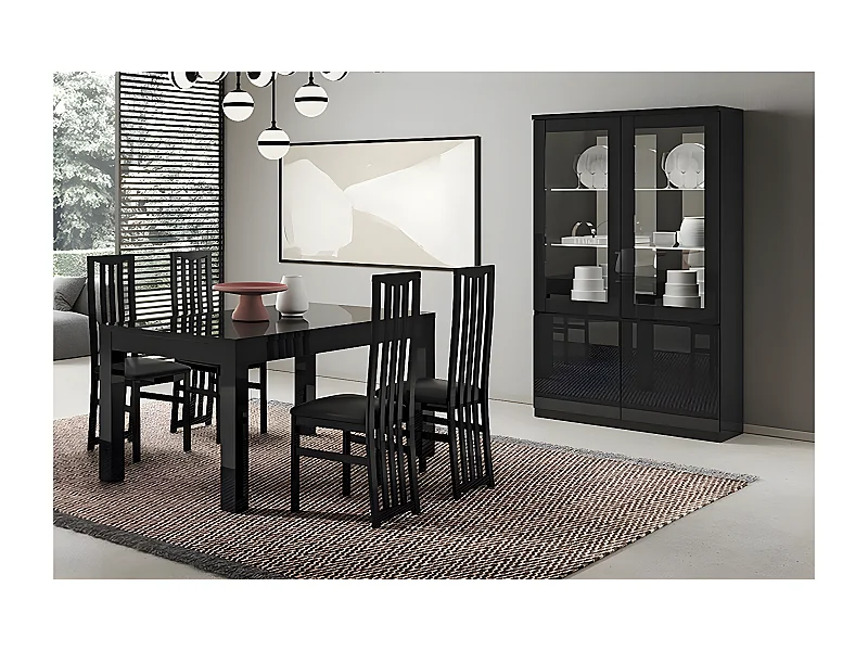 DEYTON - Ensemble Séjour Laqué Noir Table 160cm + Vitrine avec Leds