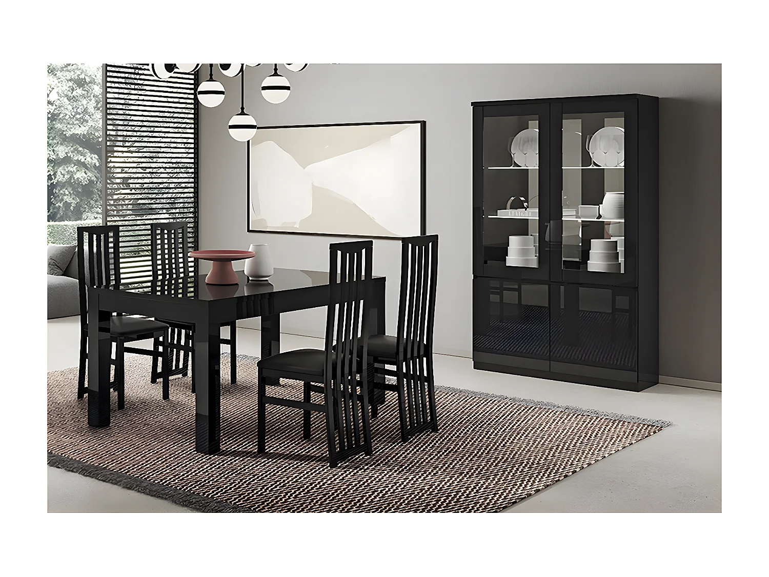 DEYTON - Ensemble Séjour Laqué Noir Table 160cm + Vitrine avec Leds