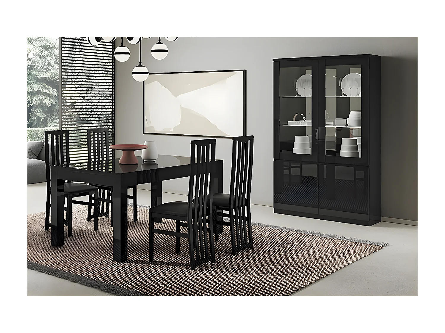 DEYTON - Ensemble Séjour Laqué Noir Table 190cm + Vitrine avec Leds