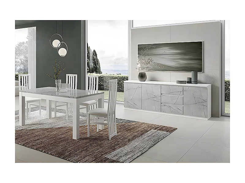 DEYTON - Ensemble Séjour Blanc et Gris Marbré Table 160cm + Buffet 3 Portes