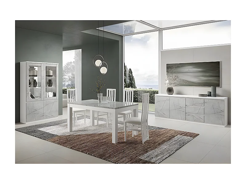 DEYTON - Ensemble Séjour Complet Blanc et Gris Marbré Table 190cm + Buffet + Vitrine avec Leds