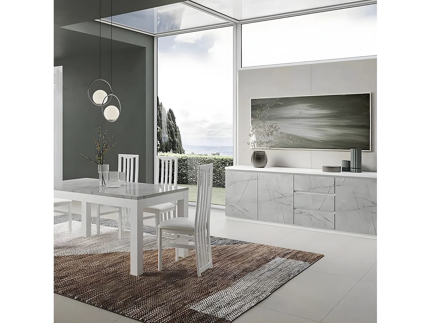 DEYTON - Ensemble Séjour Complet Blanc et Gris Marbré Table 190cm + Buffet + Vitrine avec Leds