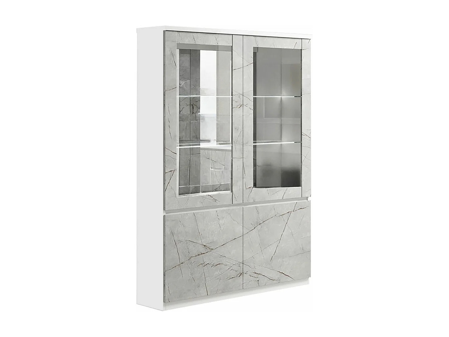 DEYTON - Ensemble Séjour Complet Blanc et Gris Marbré Table 190cm + Buffet + Vitrine avec Leds