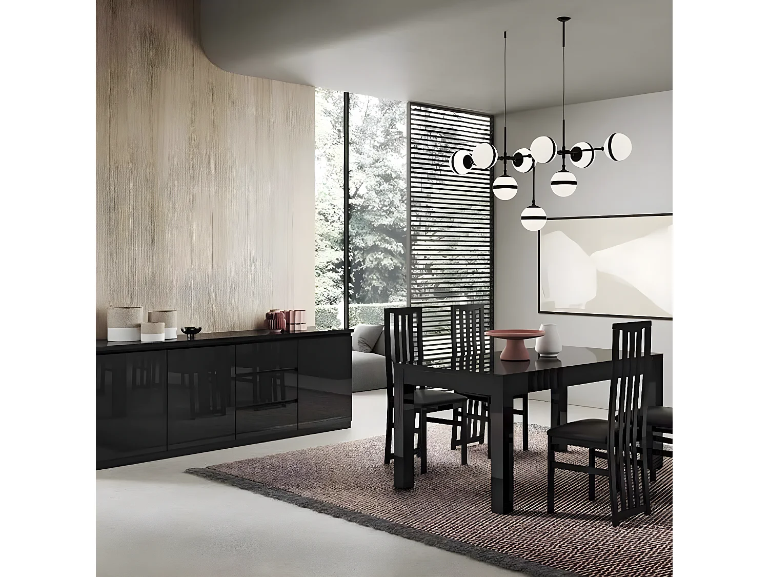 DEYTON - Ensemble Séjour Complet Laqué Noir Table 190cm + Buffet + Vitrine avec Leds