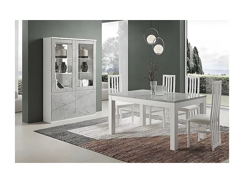 DEYTON - Ensemble Séjour Blanc et Gris Marbré Table 160cm + Vitrine avec Leds