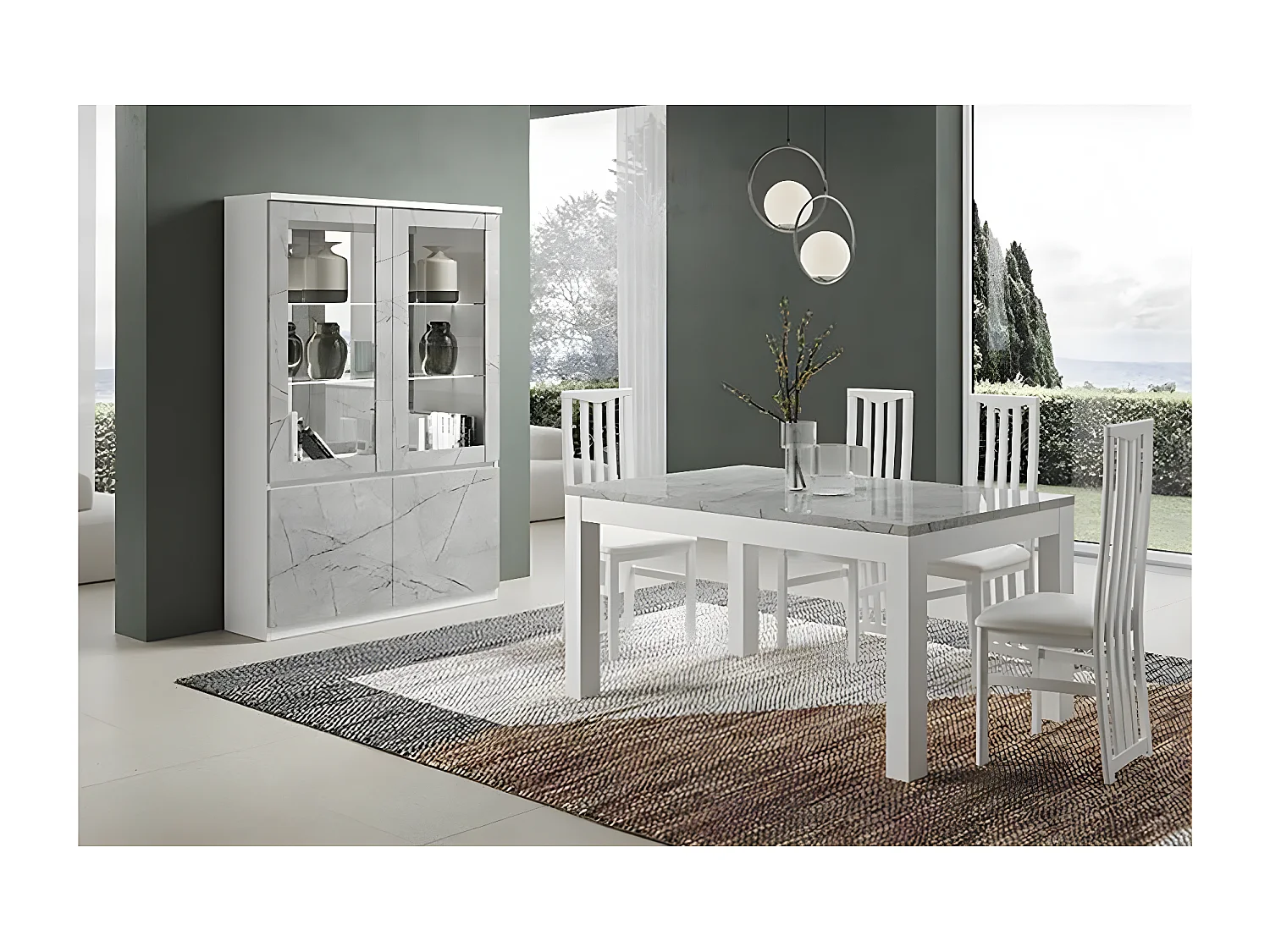 DEYTON - Ensemble Séjour Blanc et Gris Marbré Table 190cm + Vitrine avec Leds