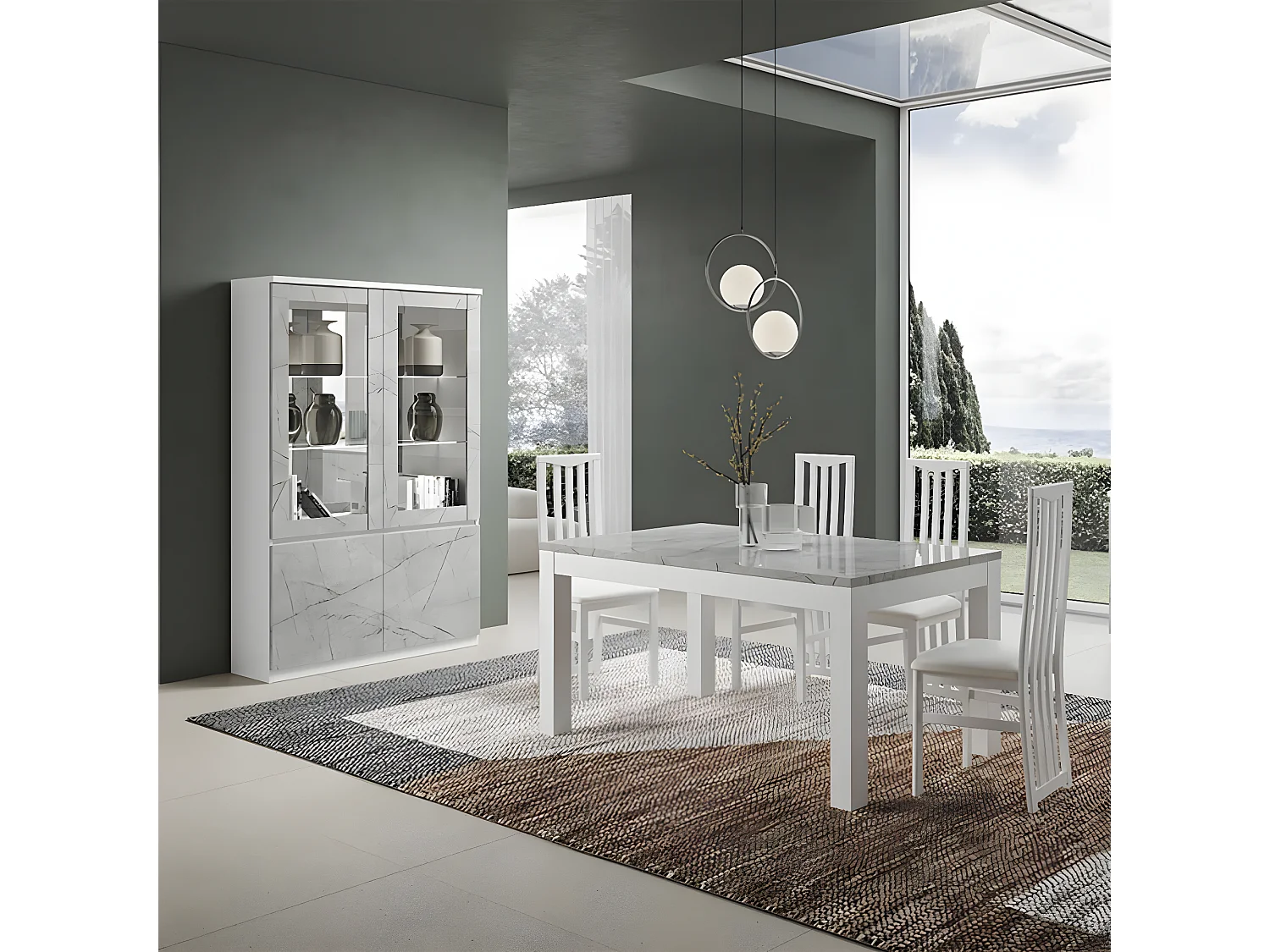 DEYTON - Ensemble Séjour Blanc et Gris Marbré Table 190cm + Vitrine avec Leds