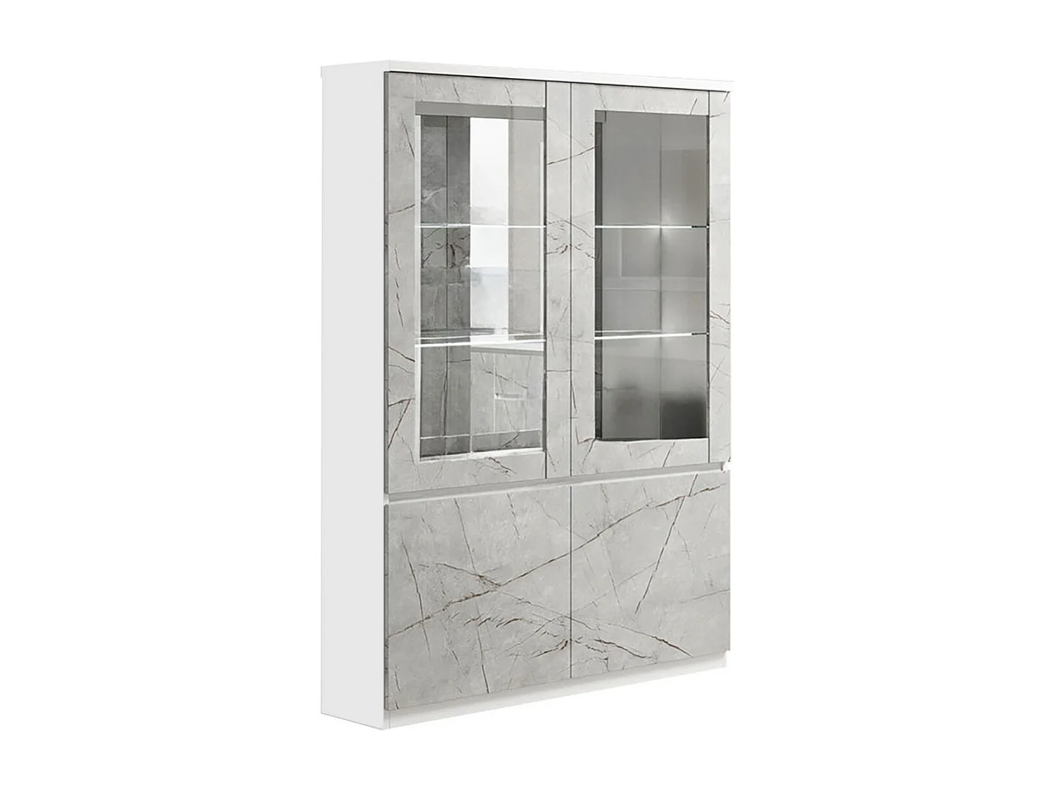 DEYTON - Ensemble Séjour Blanc et Gris Marbré Table 190cm + Vitrine avec Leds