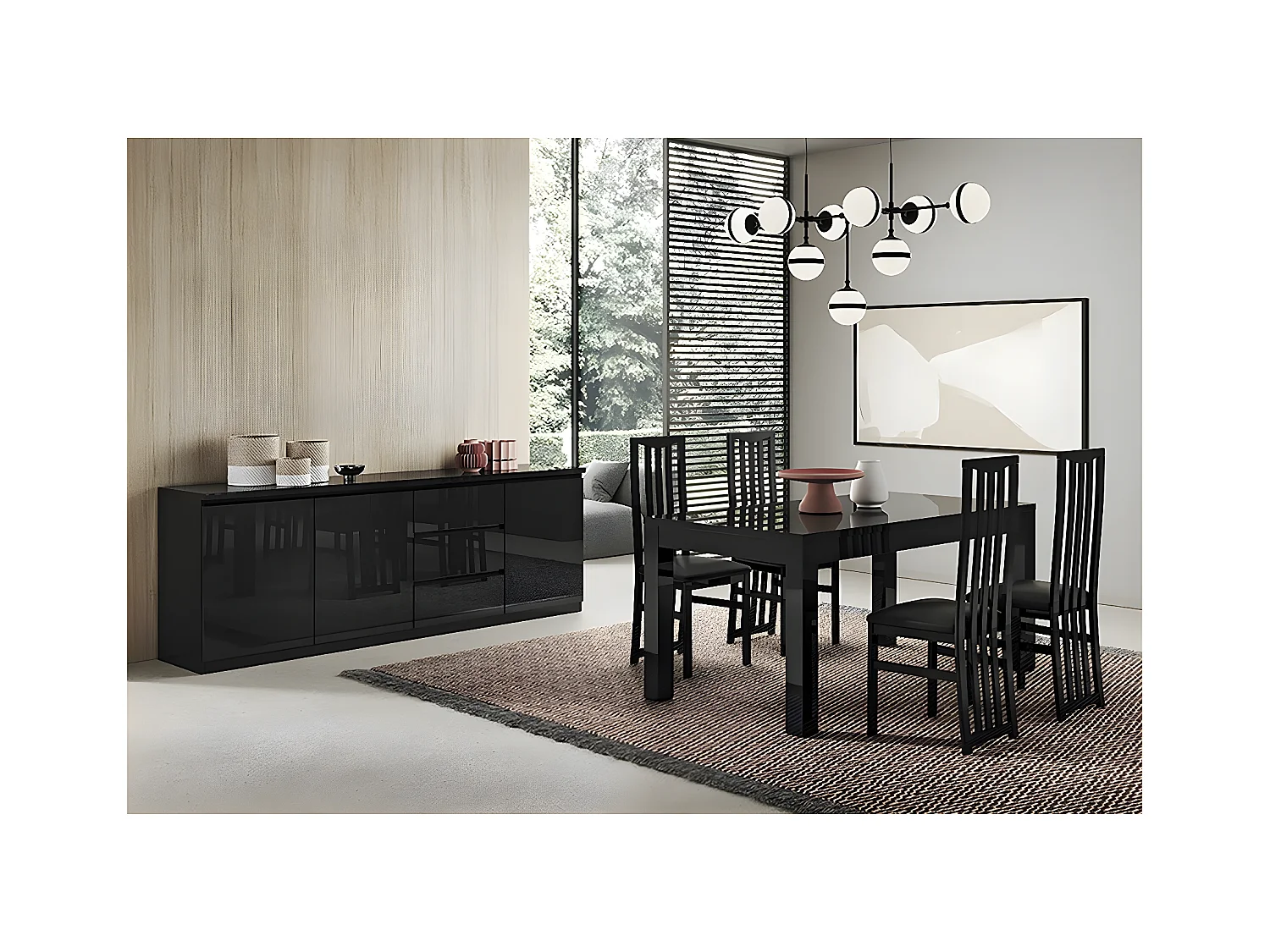 DEYTON - Ensemble Séjour Laqué Noir Table 190cm + Buffet 3 Portes