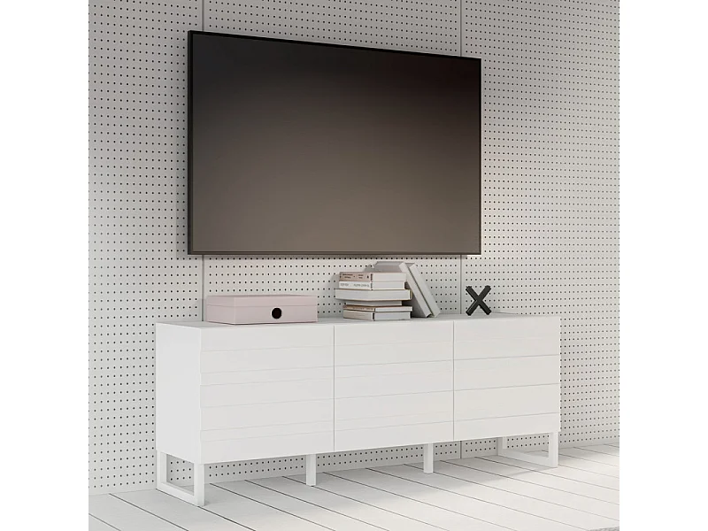 Meuble TV avec façades fraisées blanc mat et pieds luges - ARIANA