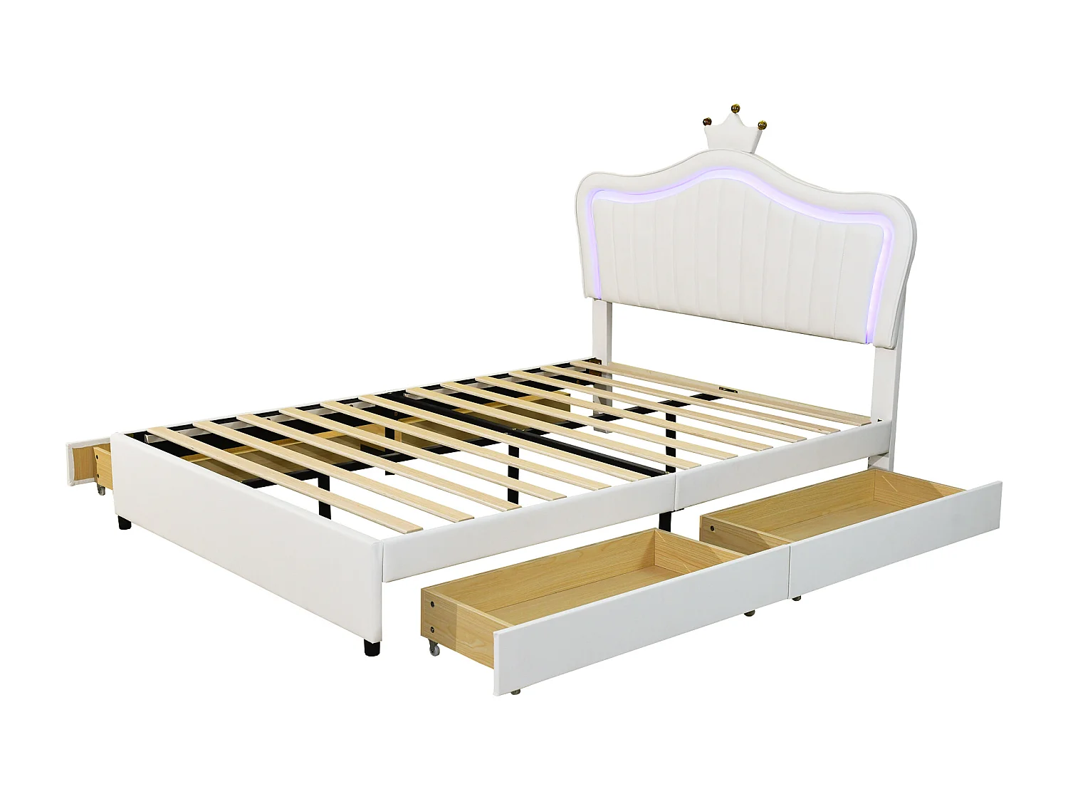 Kinderbett aus Kunstleder 140x200 cm – mit LED und 4 Schubladen – mit Lattenrost – Weiß