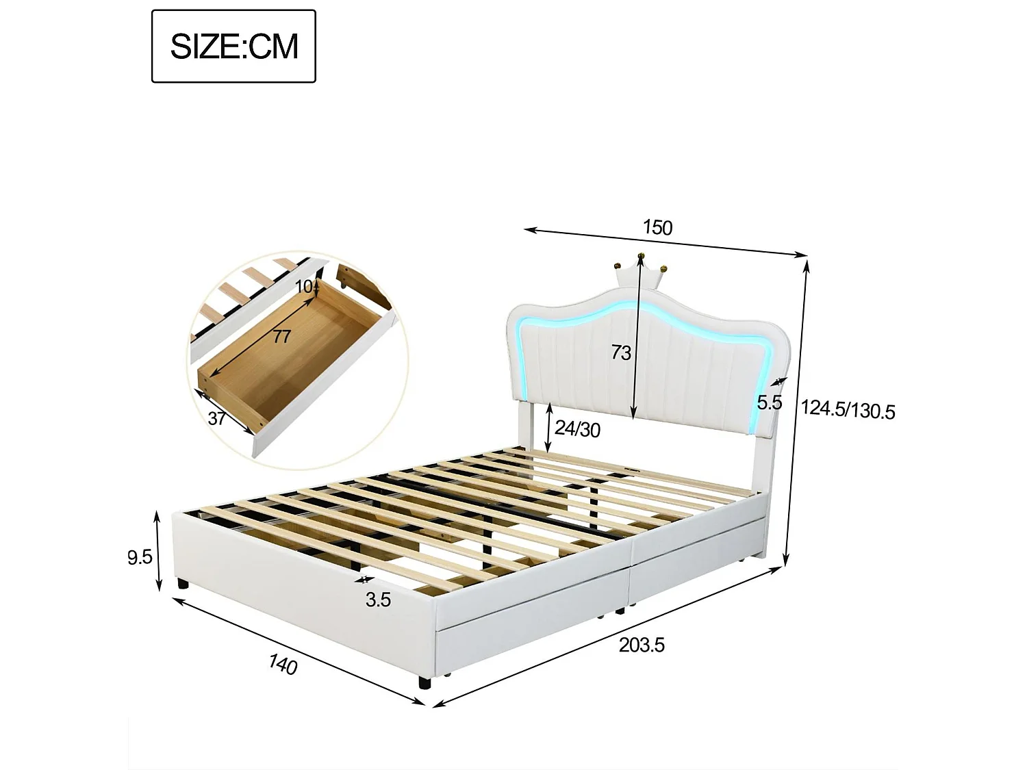 Lit enfant en similicuir 140x200 cm - avec LED et 4 tiroirs - avec sommier à lattes - Blanc