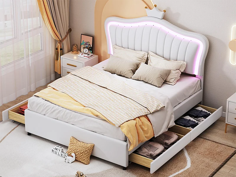 Letto per bambini in ecopelle 140x200 cm - con LED e 4 cassetti - con rete a doghe - Bianco