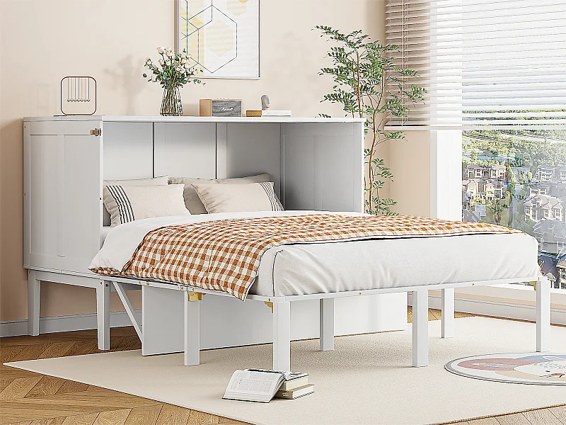 Łóżko chowane 140x200 cm z drewna - z stelażem na listwach - Białe