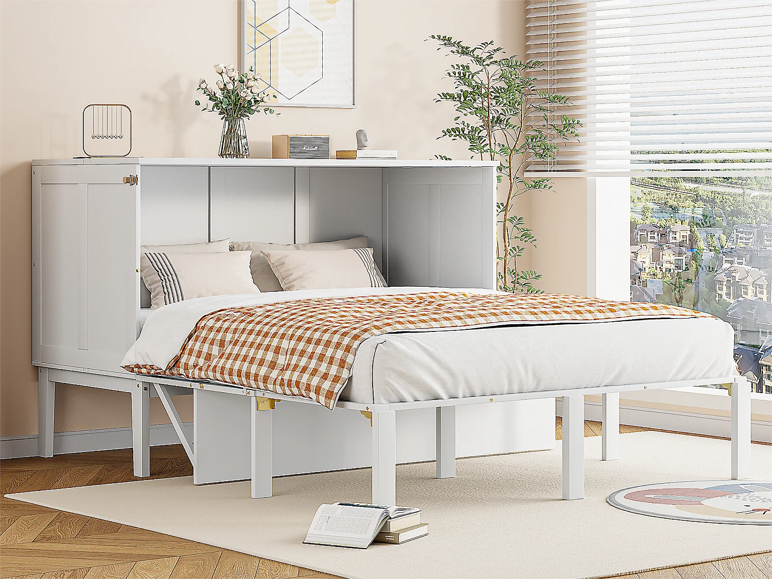 Lit escamotable 140x200 cm en bois - avec sommier à lattes - Blanc