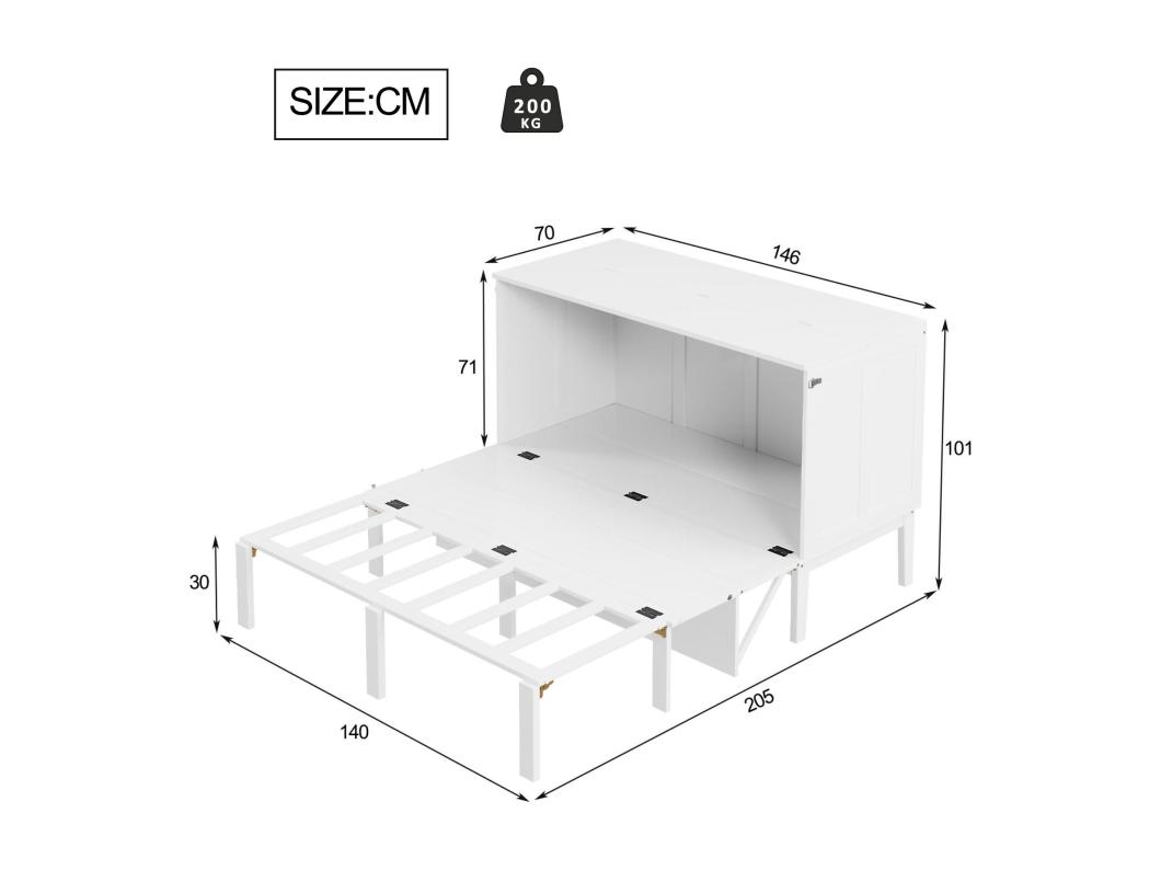 Cama retrátil de madeira 140x200 cm - com base de ripas - Branca