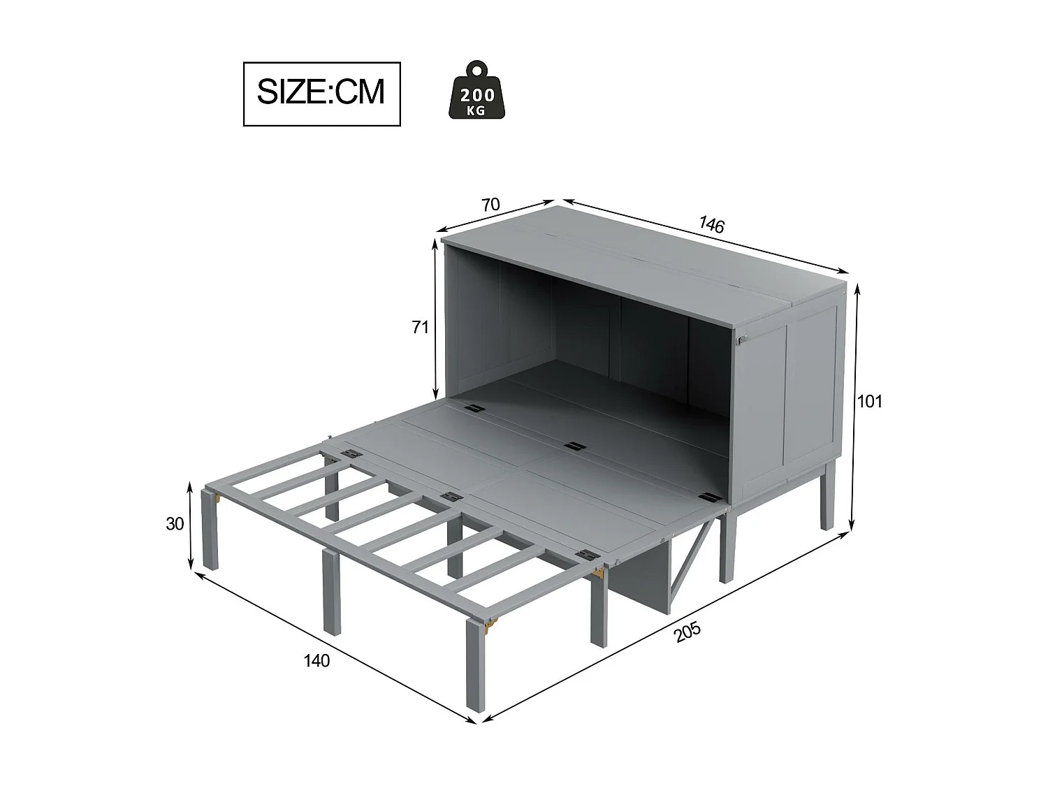 Cama retráctil de madera 140x200 cm - con somier - Gris