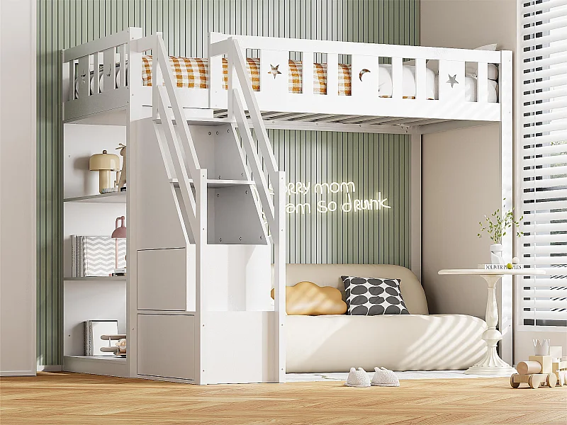 Hochbett 90x200 cm – mit Regalen und Aufbewahrungsleiter – Massivholz – Weiß