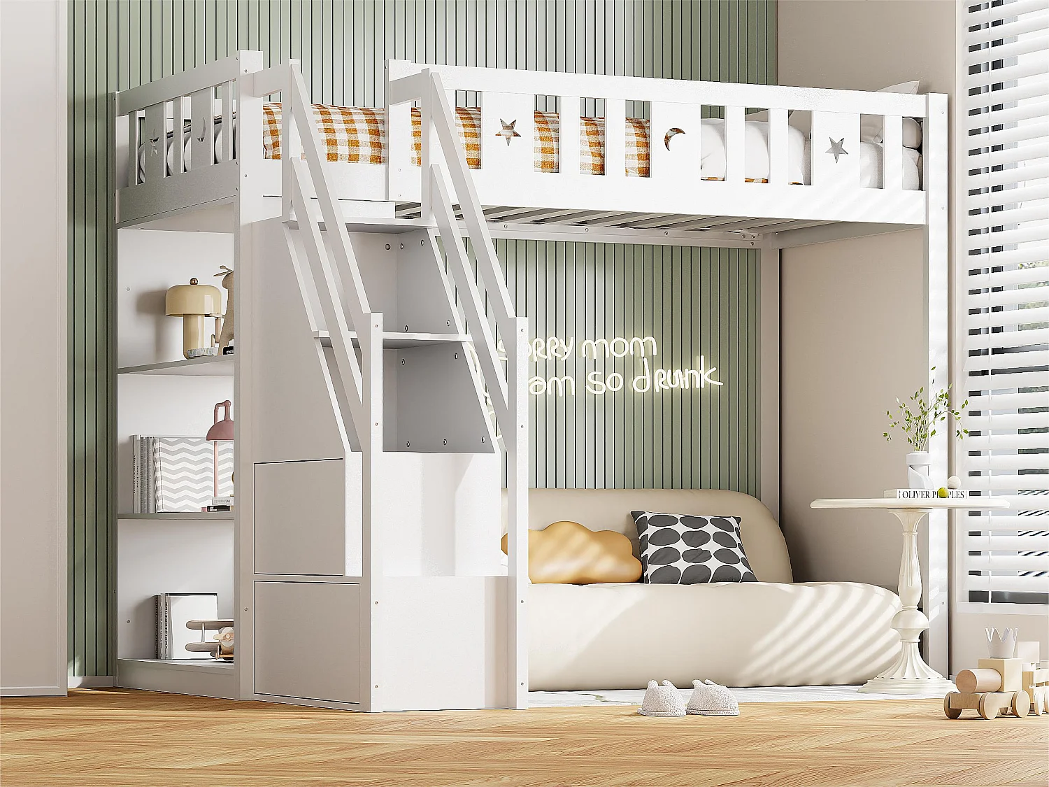 Hochbett 90x200 cm – mit Regalen und Aufbewahrungsleiter – Massivholz – Weiß