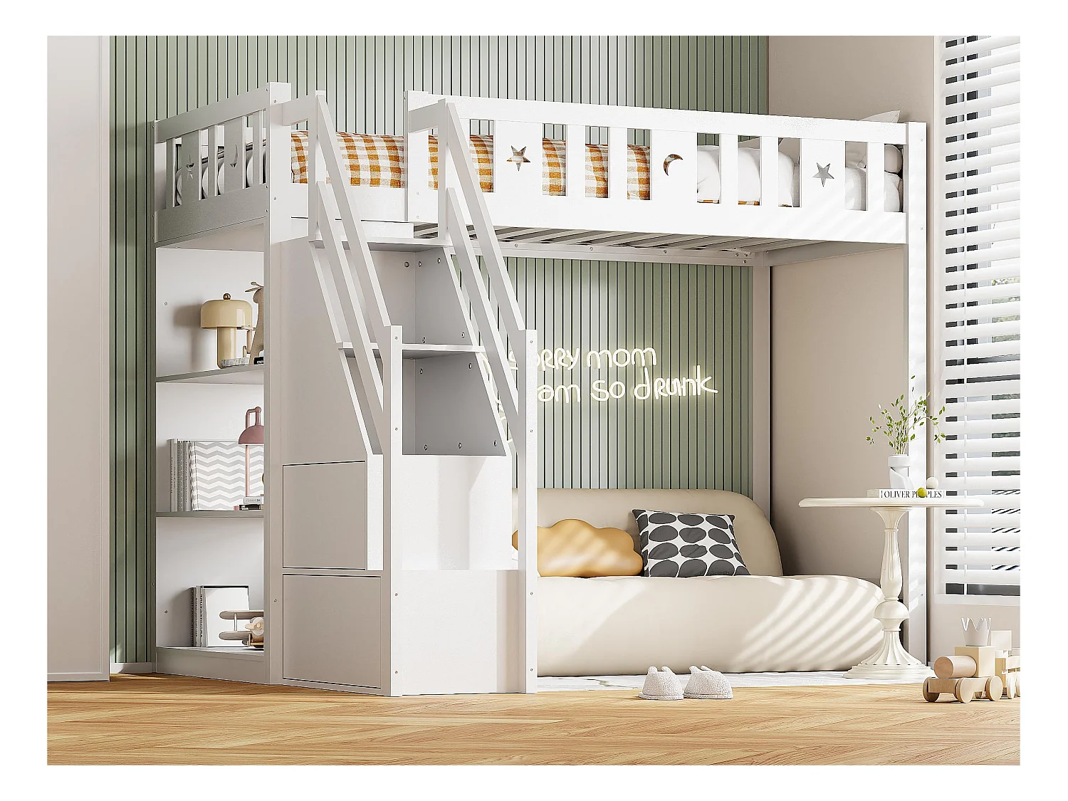 Łóżko mezzanine 90x200 cm - z półkami i drabiną do przechowywania - z litego drewna - Białe
