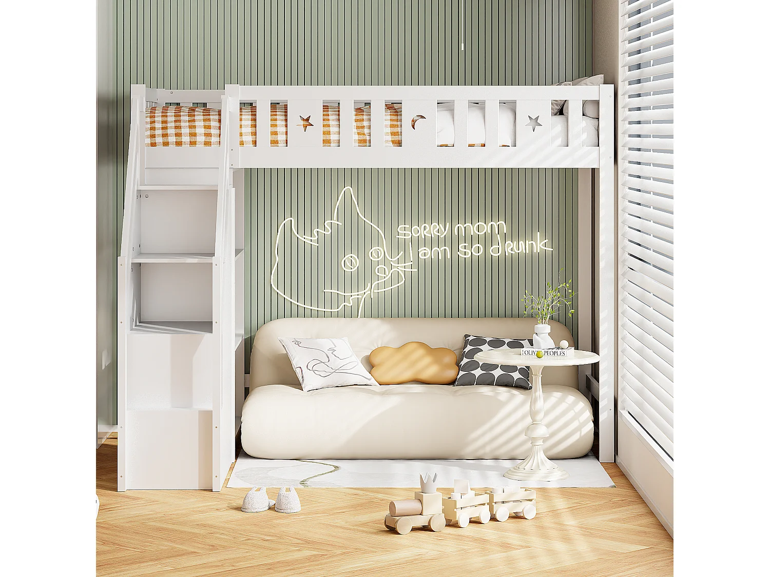 Lit mezzanine 90x200 cm - avec étagères et échelle de rangement - en bois massif - Blanc