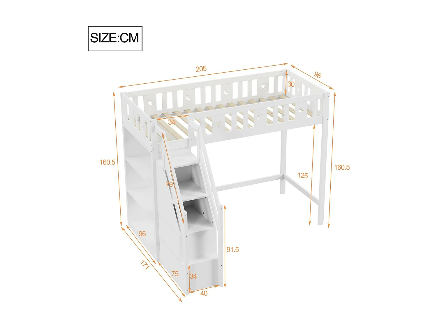 Letto a soppalco 90x200 cm - con ripiani e scaletta portaoggetti - legno massello - Bianco