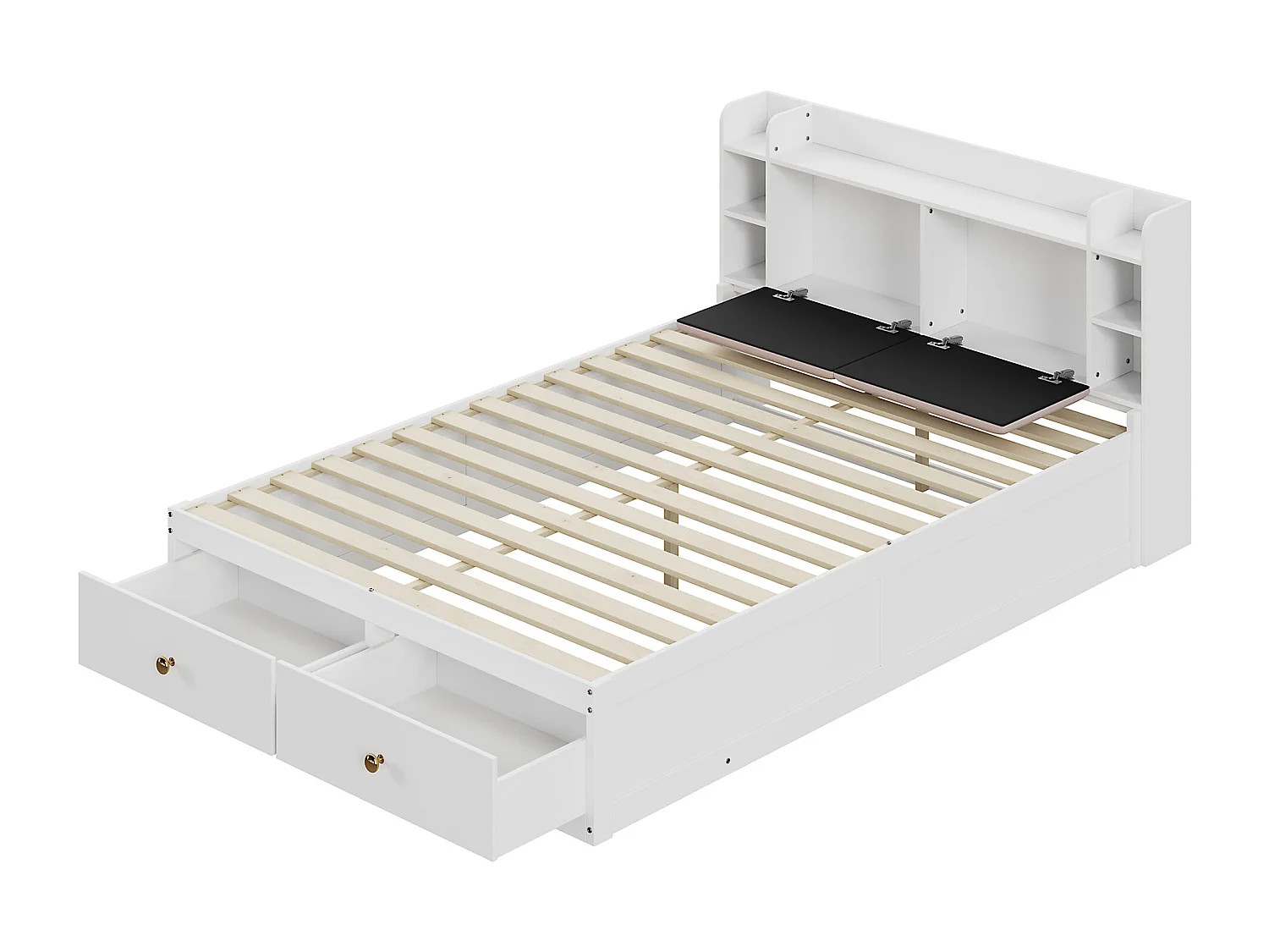 Letto matrimoniale in legno massello 140x200 cm - con cassetti e sgabello contenitore - Bianco