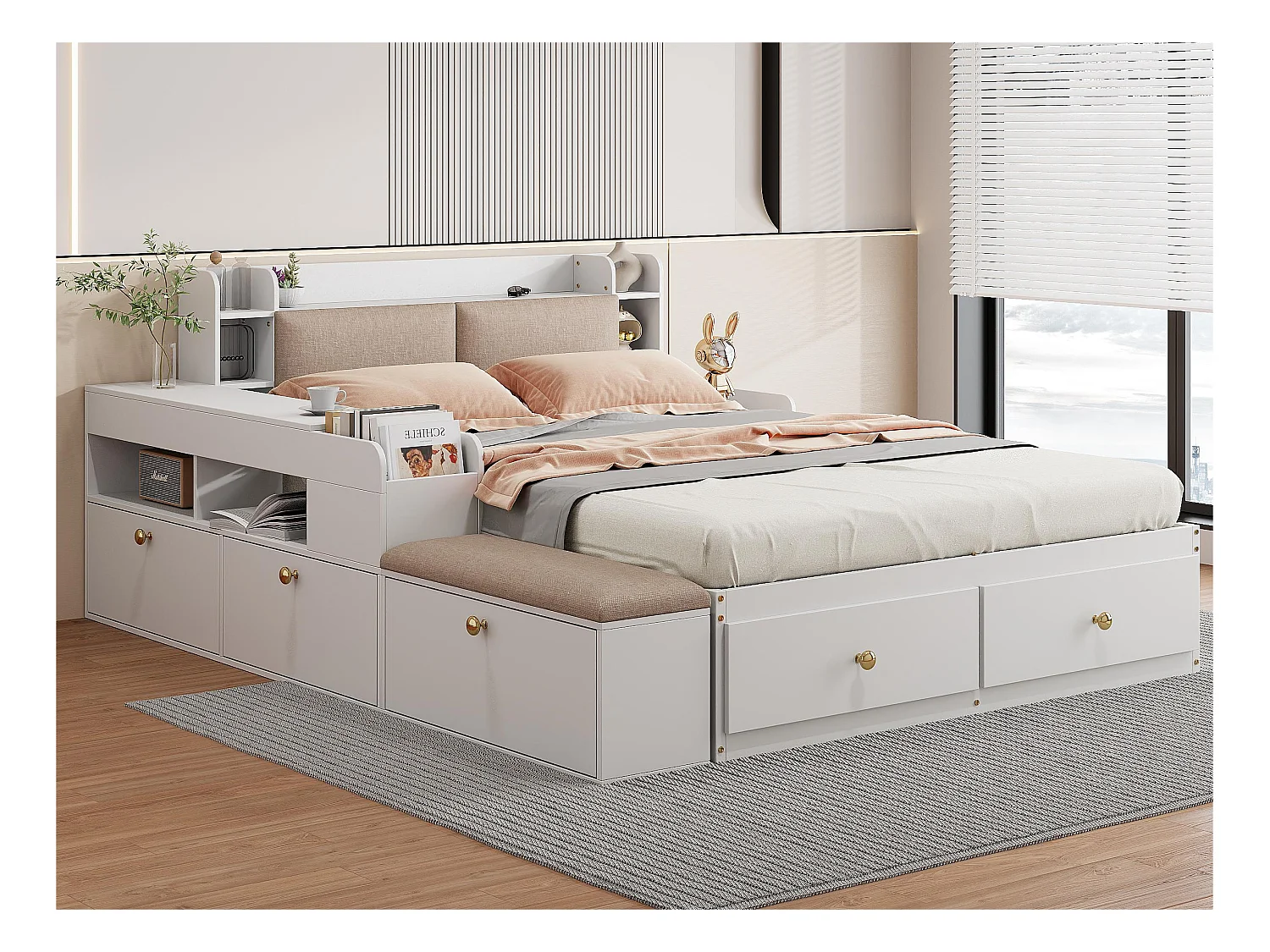 Lit double en bois massif 140x200cm - avec tiroirs et tabouret de rangement - Blanc