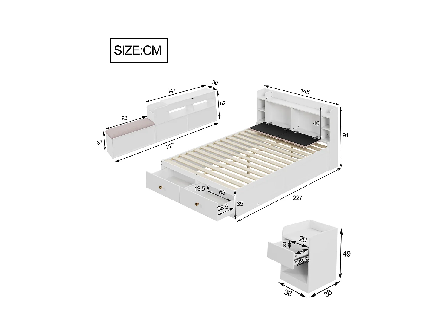 Cama doble de madera maciza 140x200 cm - con cajones y taburete contenedor - Blanco
