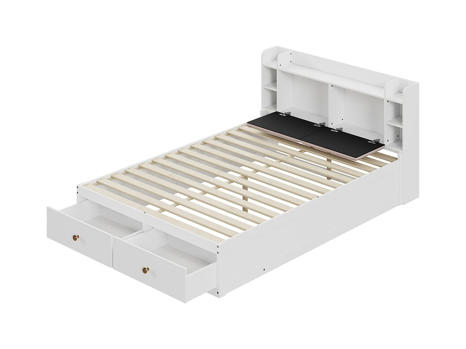 Cama doble de madera maciza 140x200 cm - con cajones y taburete contenedor - Blanco