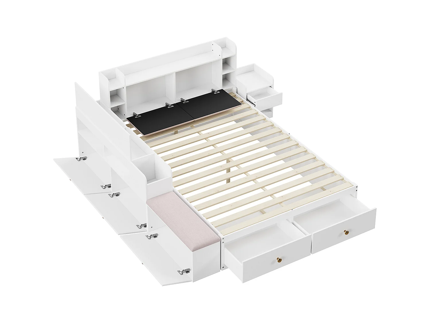 Cama doble de madera maciza 140x200 cm - con cajones y taburete contenedor - Blanco