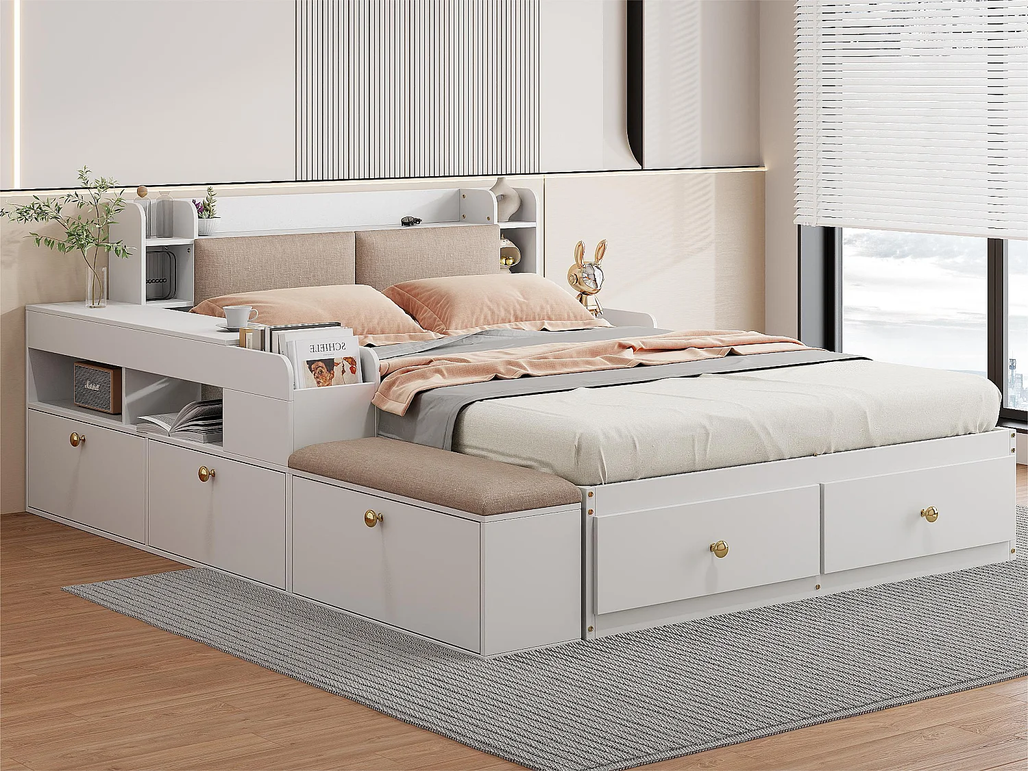 Massivholz-Doppelbett 140 x 200 cm – mit Schubladen und Aufbewahrungshocker – Weiß