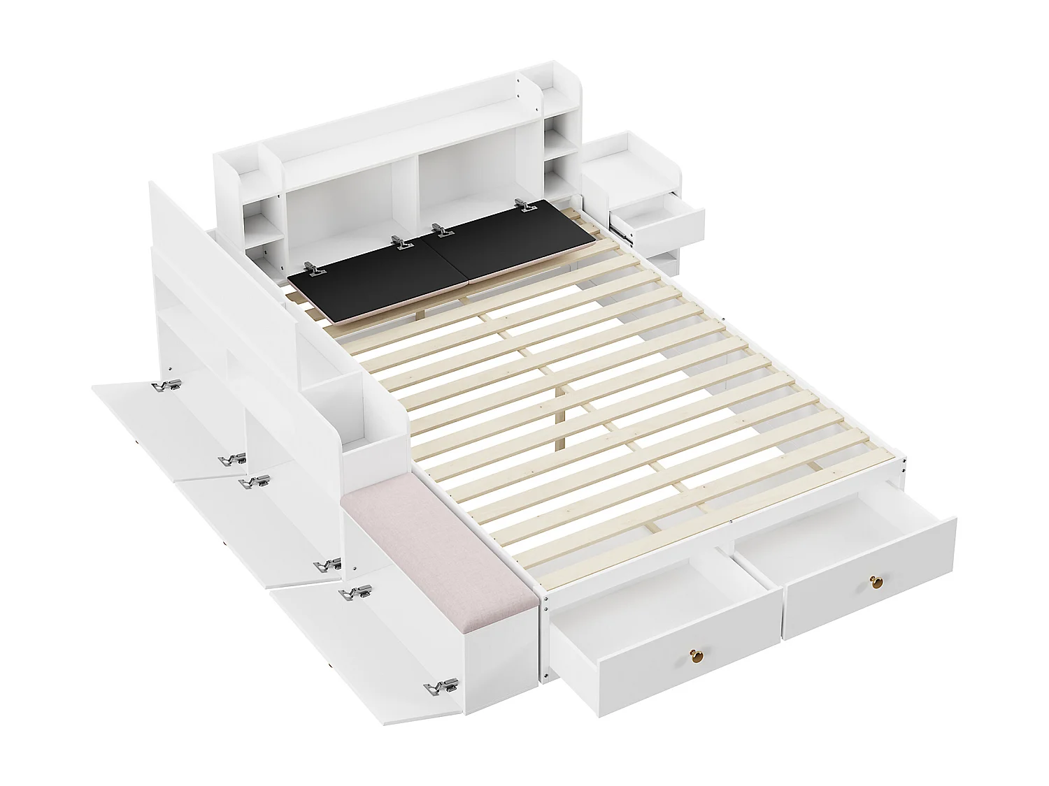 Massivholz-Doppelbett 140 x 200 cm – mit Schubladen und Aufbewahrungshocker – Weiß