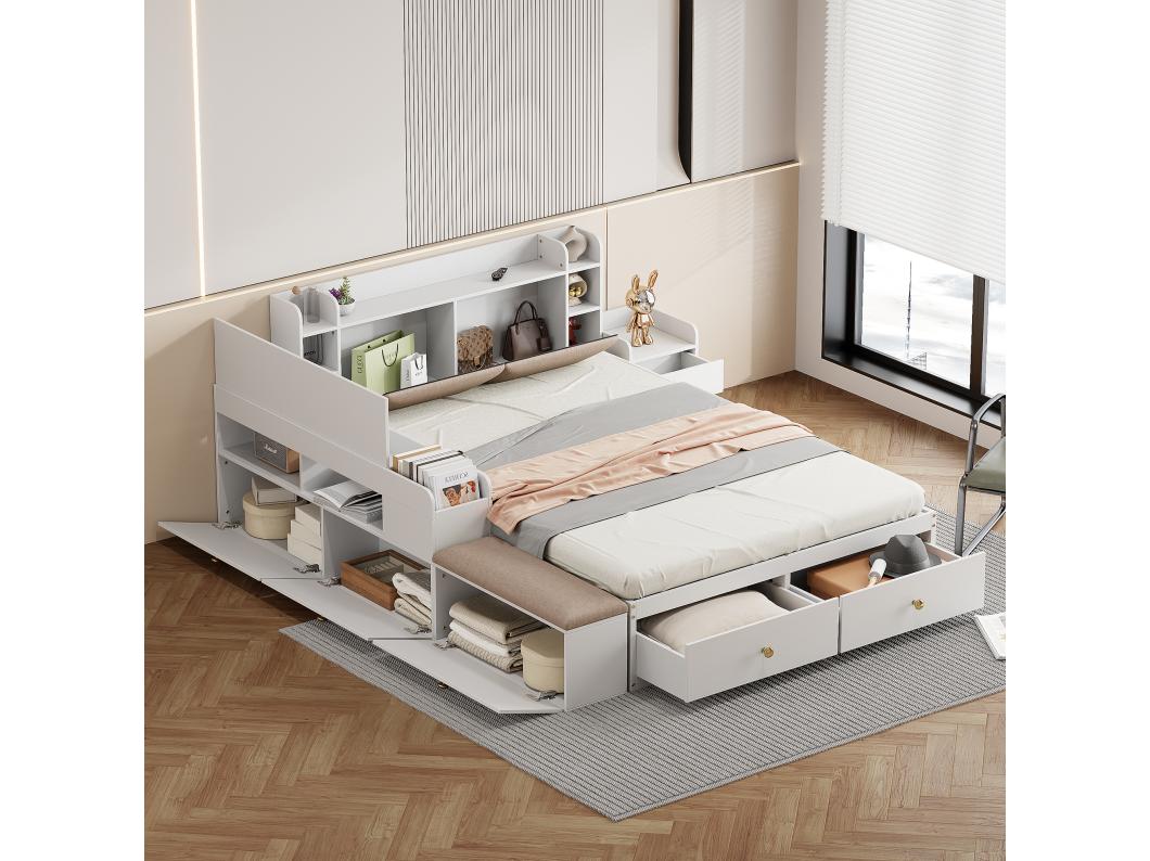 Massief houten tweepersoonsbed 140x200cm - met laden en opbergkruk - Wit