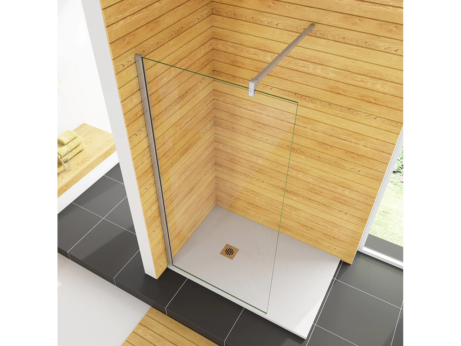 50x200cm+F Form: 140cm Stabilisator 8mm Nano Sicherheitsglas Walk in Duschwand Duschabtrennung Höhe 200cm