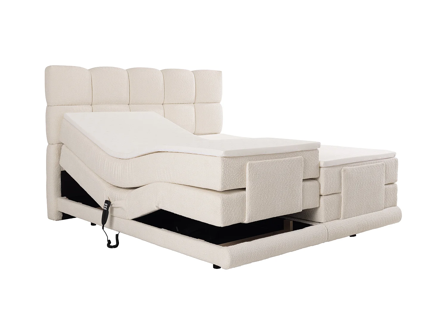 Conjunto completo boxspring con cabecero + somieres eléctricos reclinable + colchón + sobrecolchón - 2 x 80 x 200 cm - Tela rizada - Beige - OMILA de PALACIO