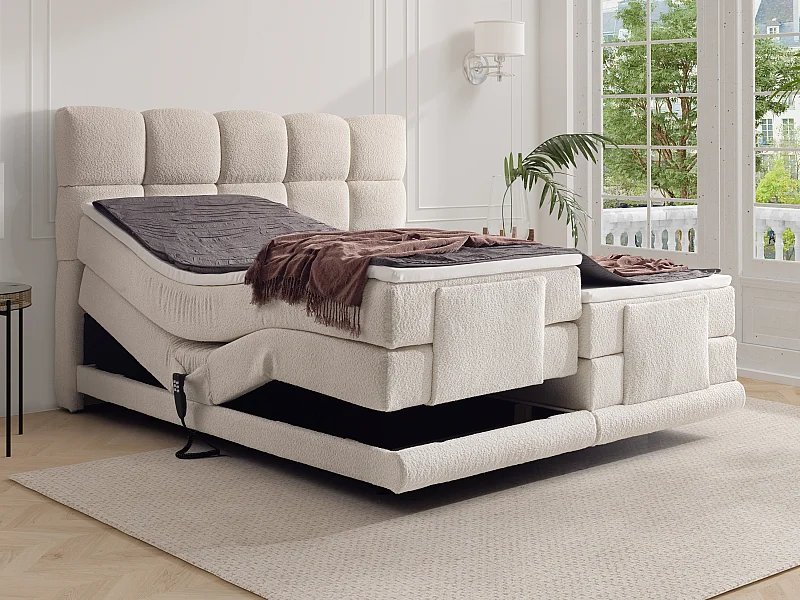 Ensemble complet boxspring tête de lit + sommiers relaxation électrique + matelas + surmatelas - 2 x 90 x 200 cm - Tissu bouclette - Beige - OMILA de PALACIO