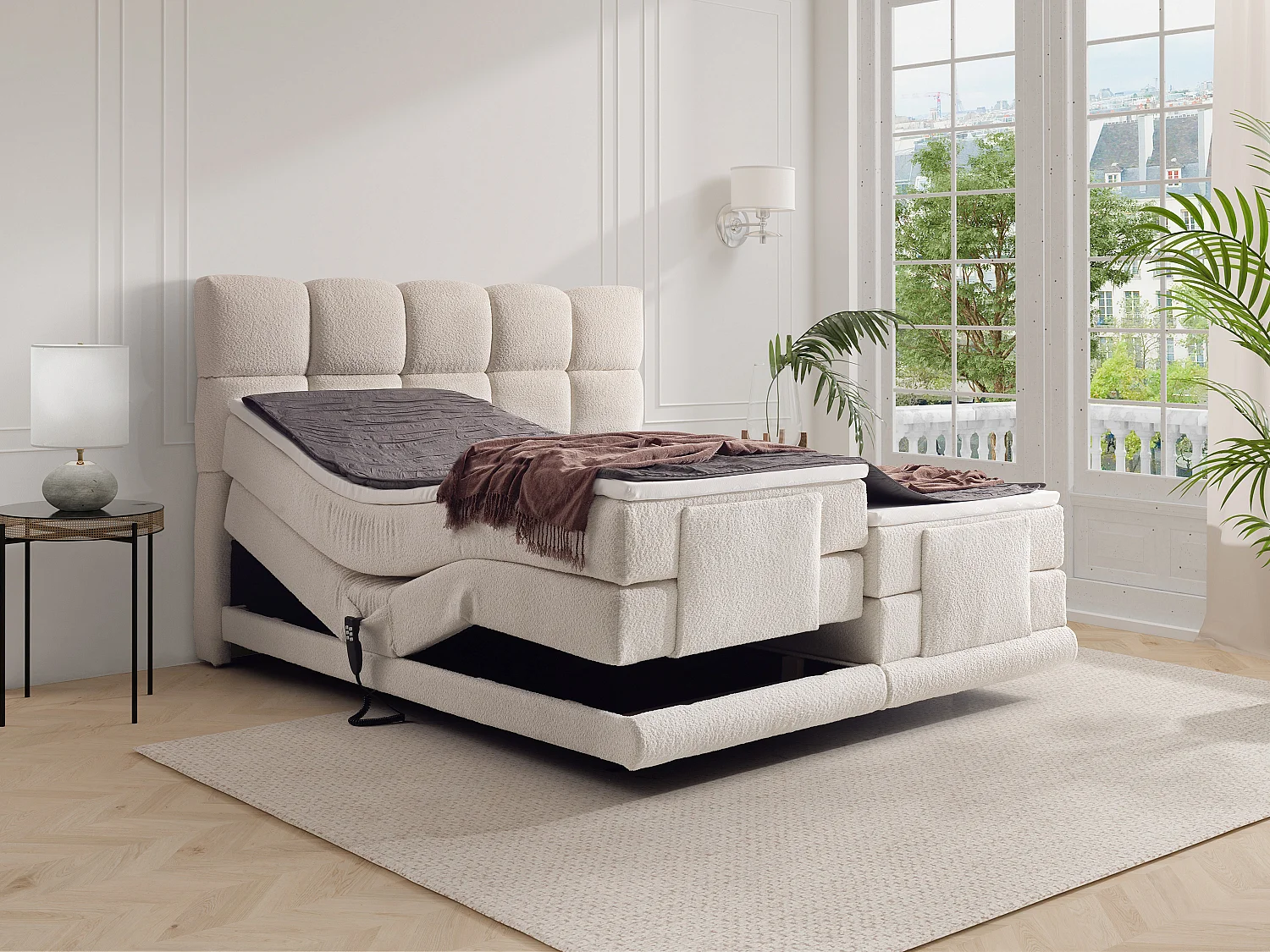 Conjunto completo boxspring cabeceira de cama + sommiers articulados elétricos + colchão + sobrecolchão 2x90x200 cm tecido bouclé bege - OMILA de PALACIO