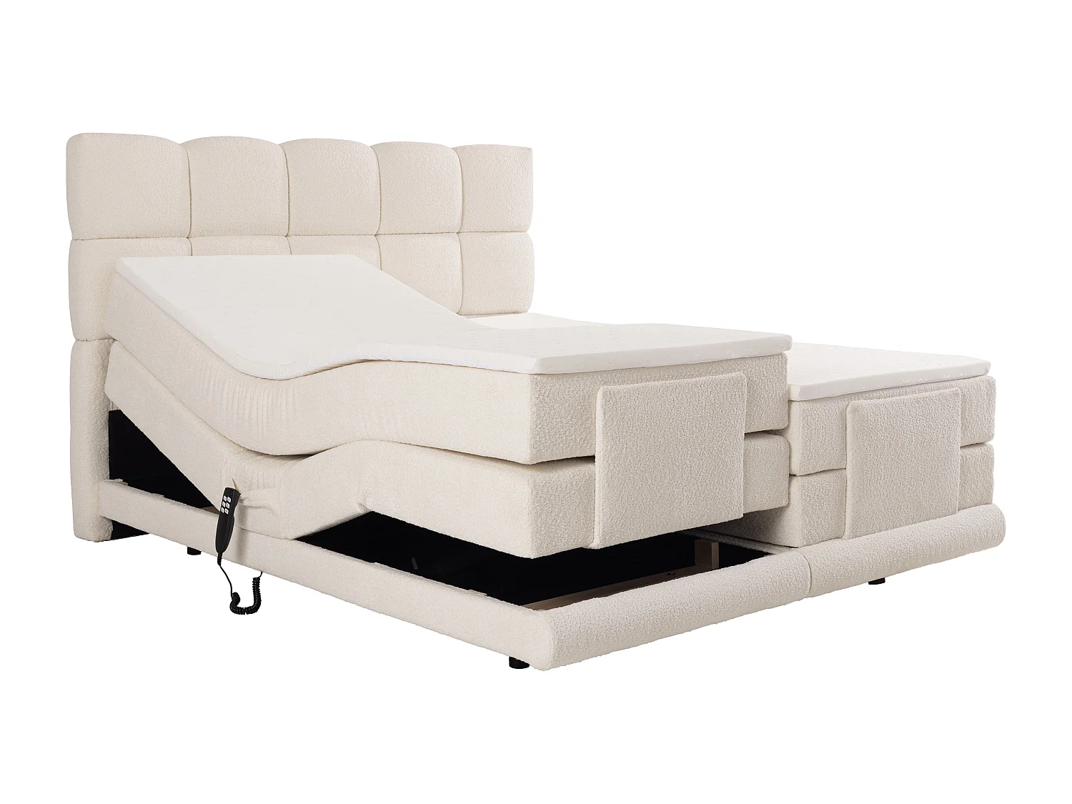 Complete set boxspringbed met hoofdbord + elektrische relaxbedbodems + matras + dekmatras - 2 x 90 x 200 cm - Boucléstof - Beige - OMILA van PALACIO