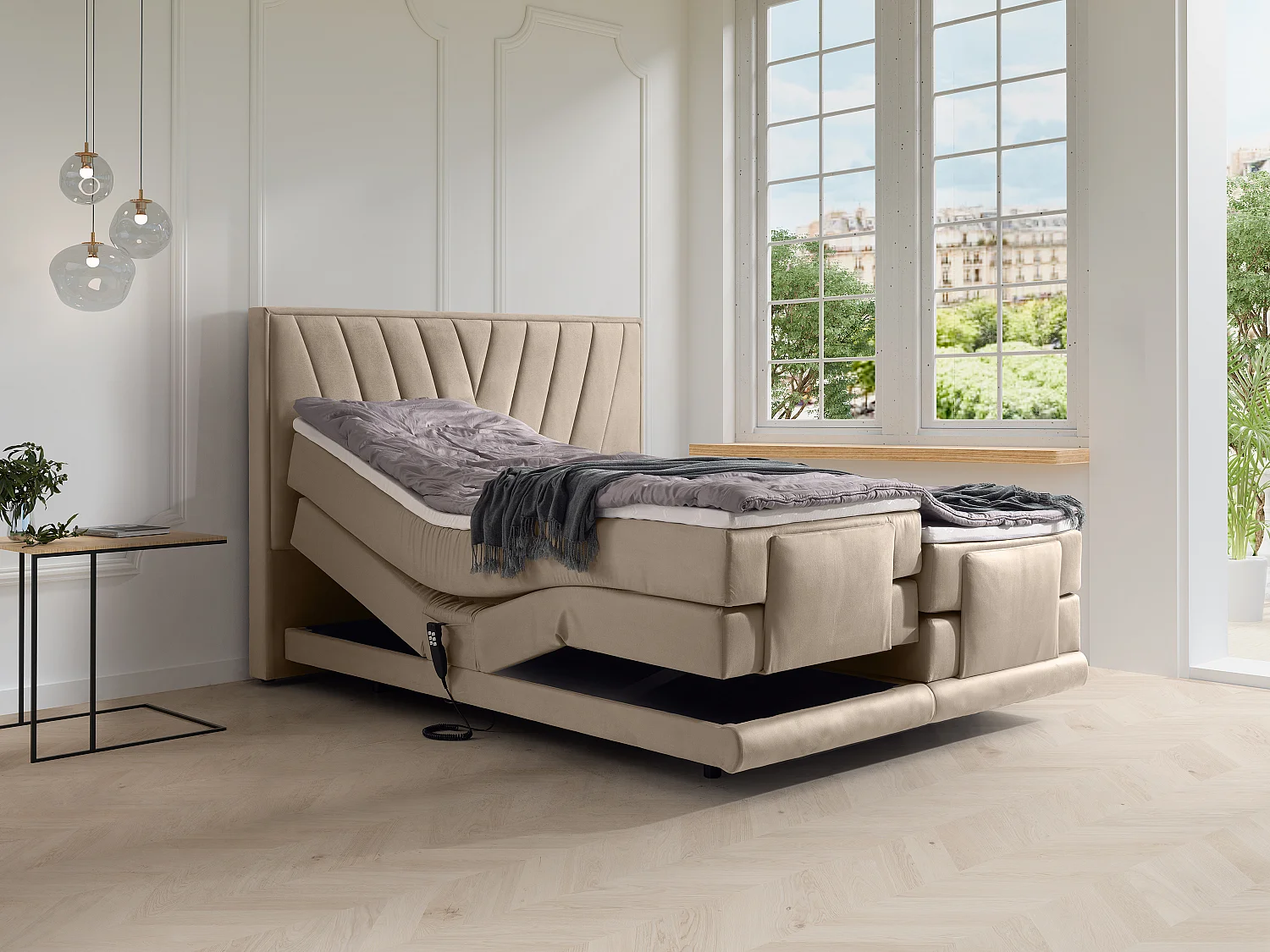 Complete set boxspringbed met hoofdbord + elektrische relaxbedbodems + matras + dekmatras - 2 x 80 x 200 cm - Velours - Beige - LUMONI van YSMÉE