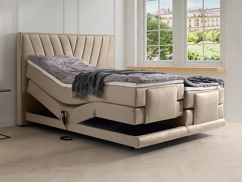 Ensemble complet boxspring tête de lit + sommiers relaxation électrique + matelas + surmatelas - 2 x 80 x 200 cm - Velours - Beige - LUMONI de YSMÉE