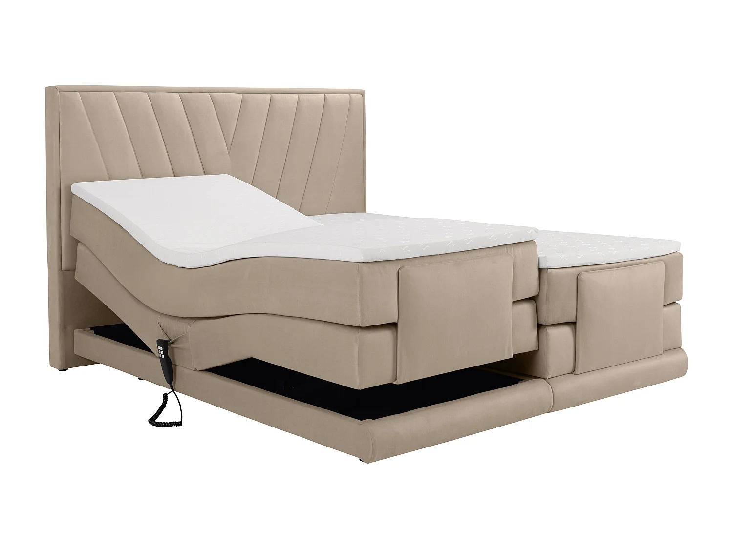 Boxspringbett mit Bett-Kopfteil + elektrisch verstellbare Lattenroste + Matratzen + Topper - 2 x 90 x 200 cm - Samt - Beige - LUMONI von YSMÉE