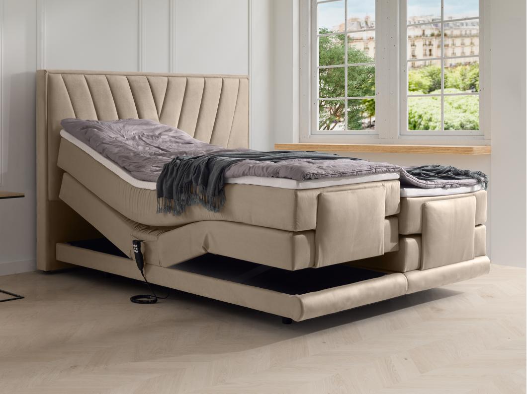Conjunto completo boxspring cabecero + somieres eléctricos articulados + colchón + sobrecolchón - 2 x 90 x 200 cm - Terciopelo - Beige - LUMONI de YSMÉE
