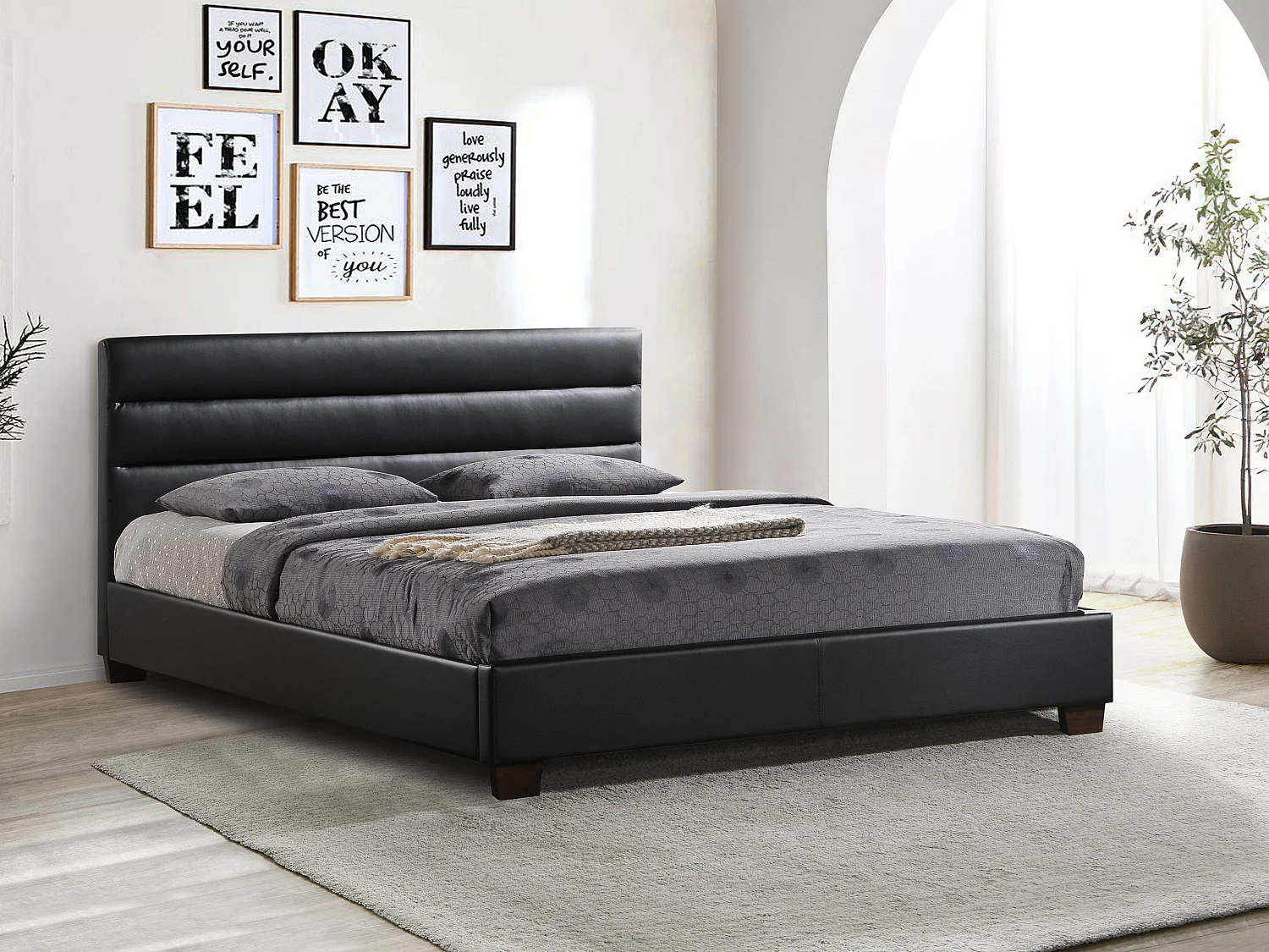 Lit 160 x 200 cm - Simili - Noir + Matelas  - FAUSTIN