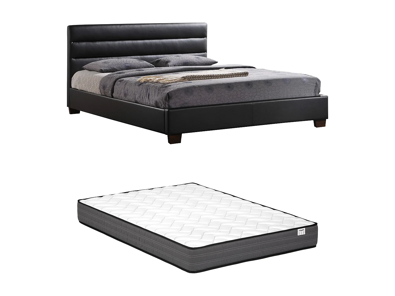 Lit 160 x 200 cm - Simili - Noir + Matelas  - FAUSTIN
