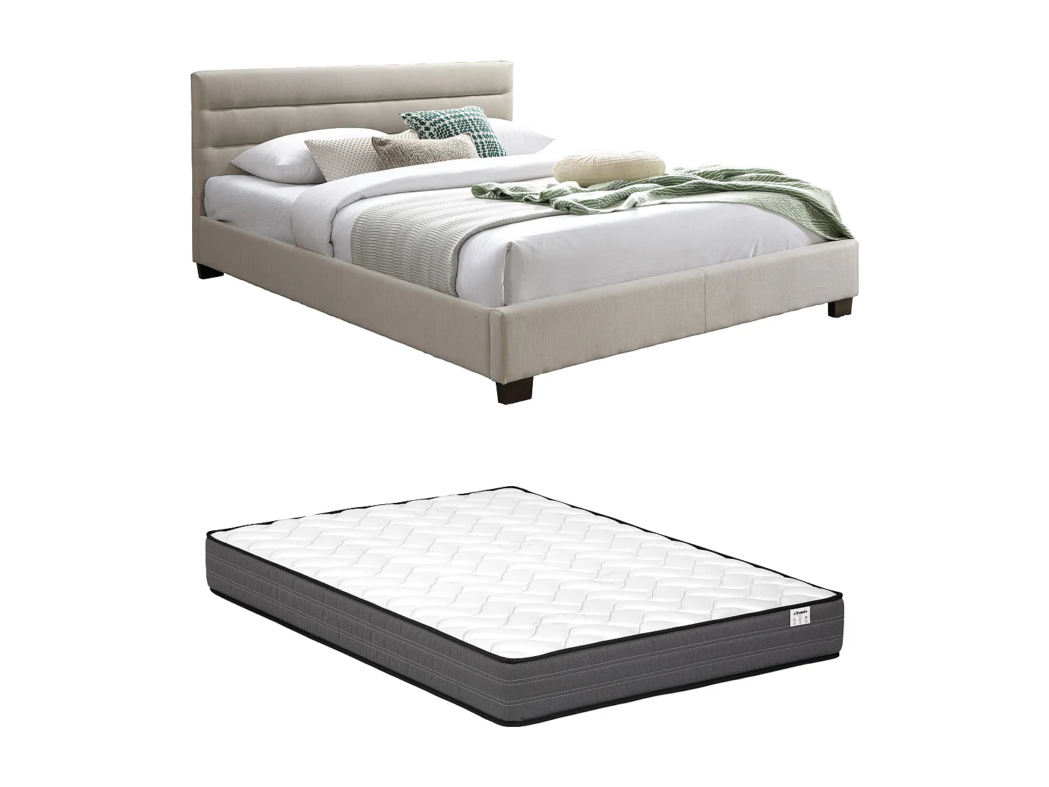 Lit 140 x 190 cm - Tissu - Beige + Matelas - FAUSTIN