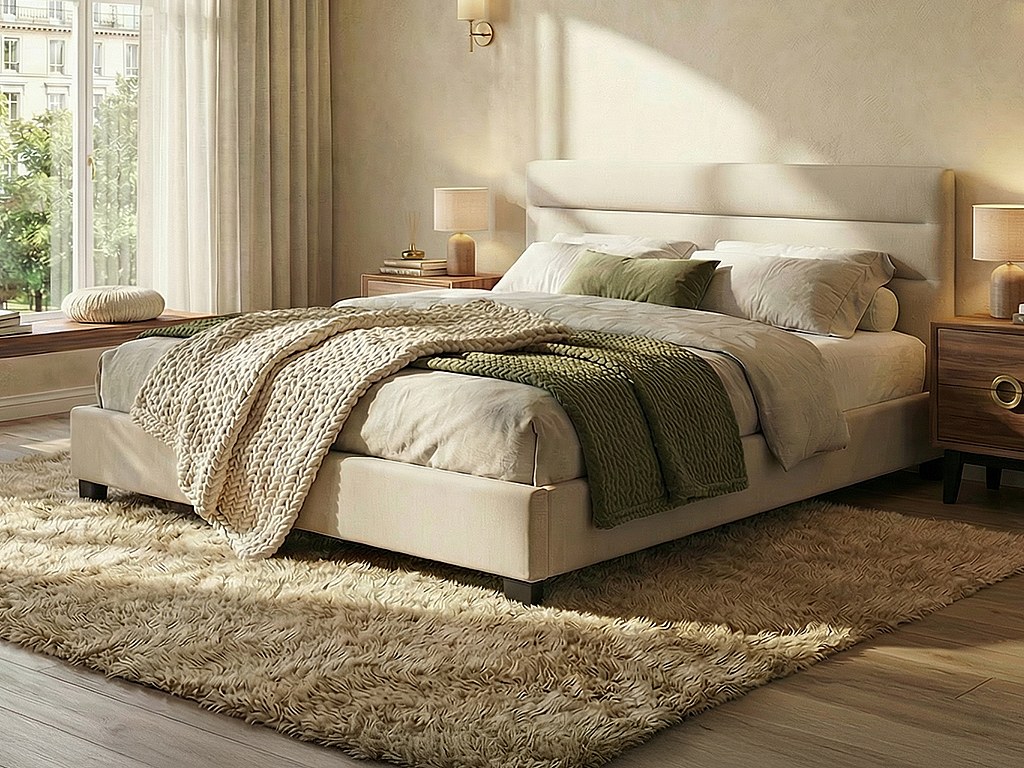 Seng 140 x 190 cm - Stoff - Beige + Madrass - FAUSTIN