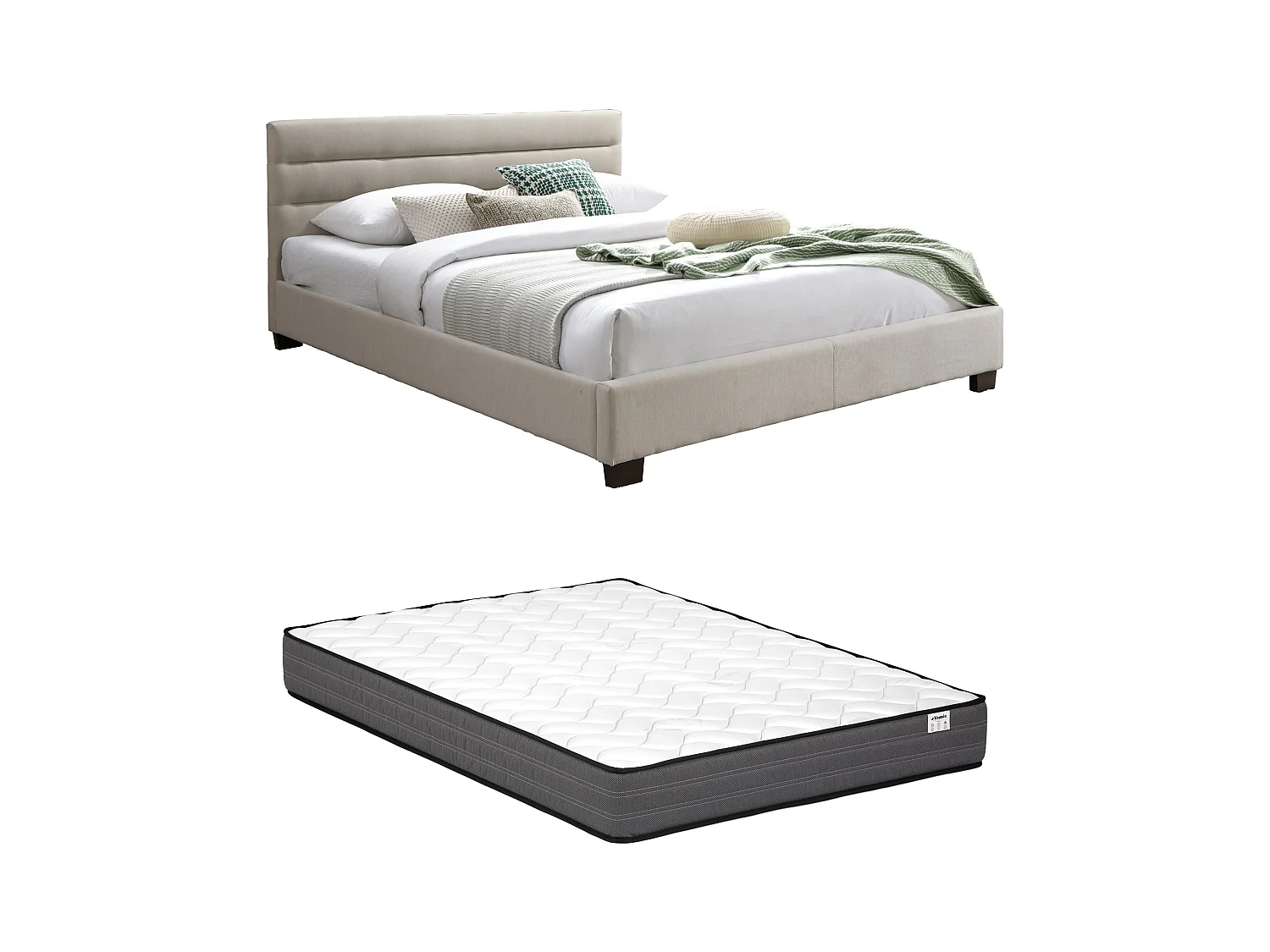 Lit 160 x 200 cm - Tissu - Beige + Matelas - FAUSTIN